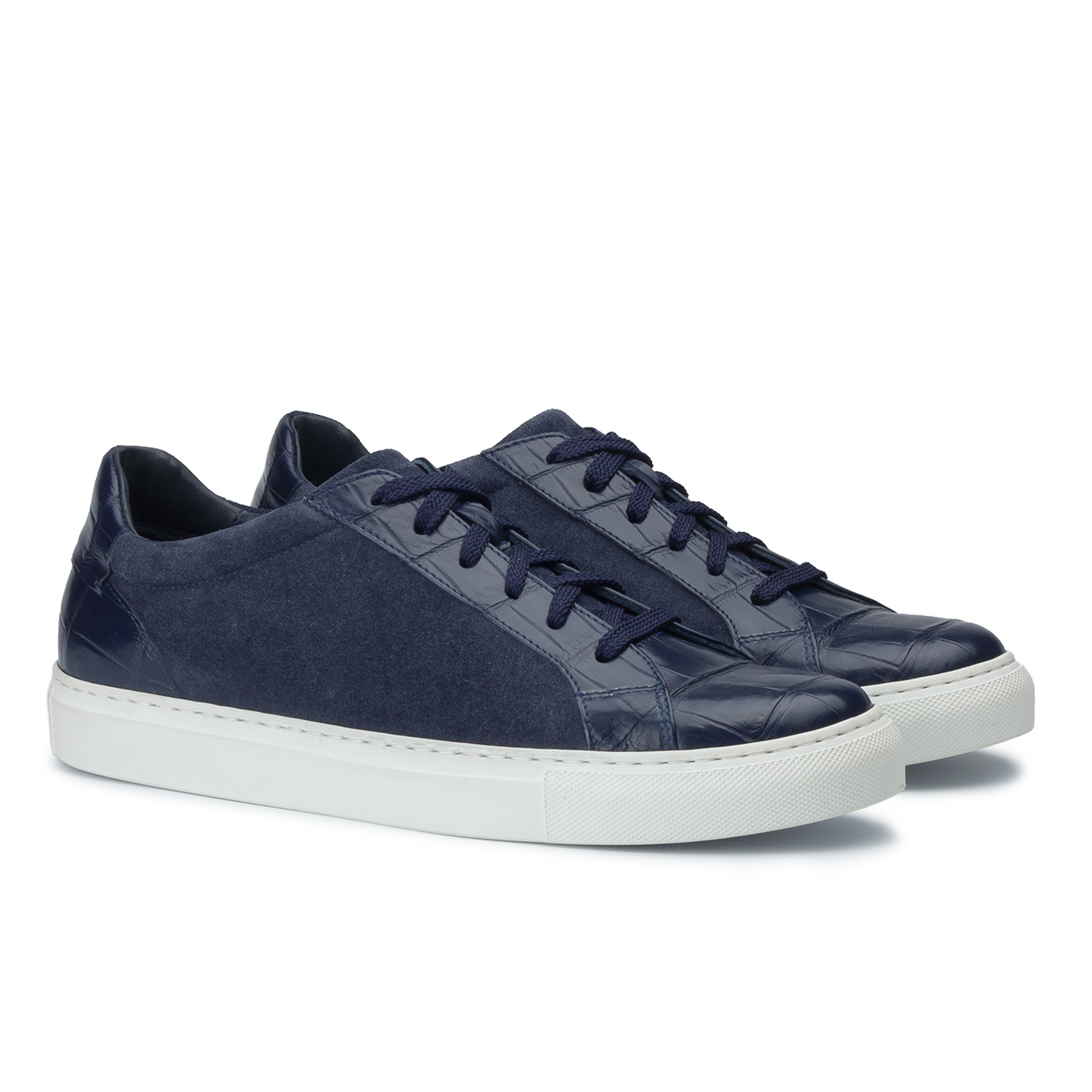 Blue suede sneakers with crocodile leather trim