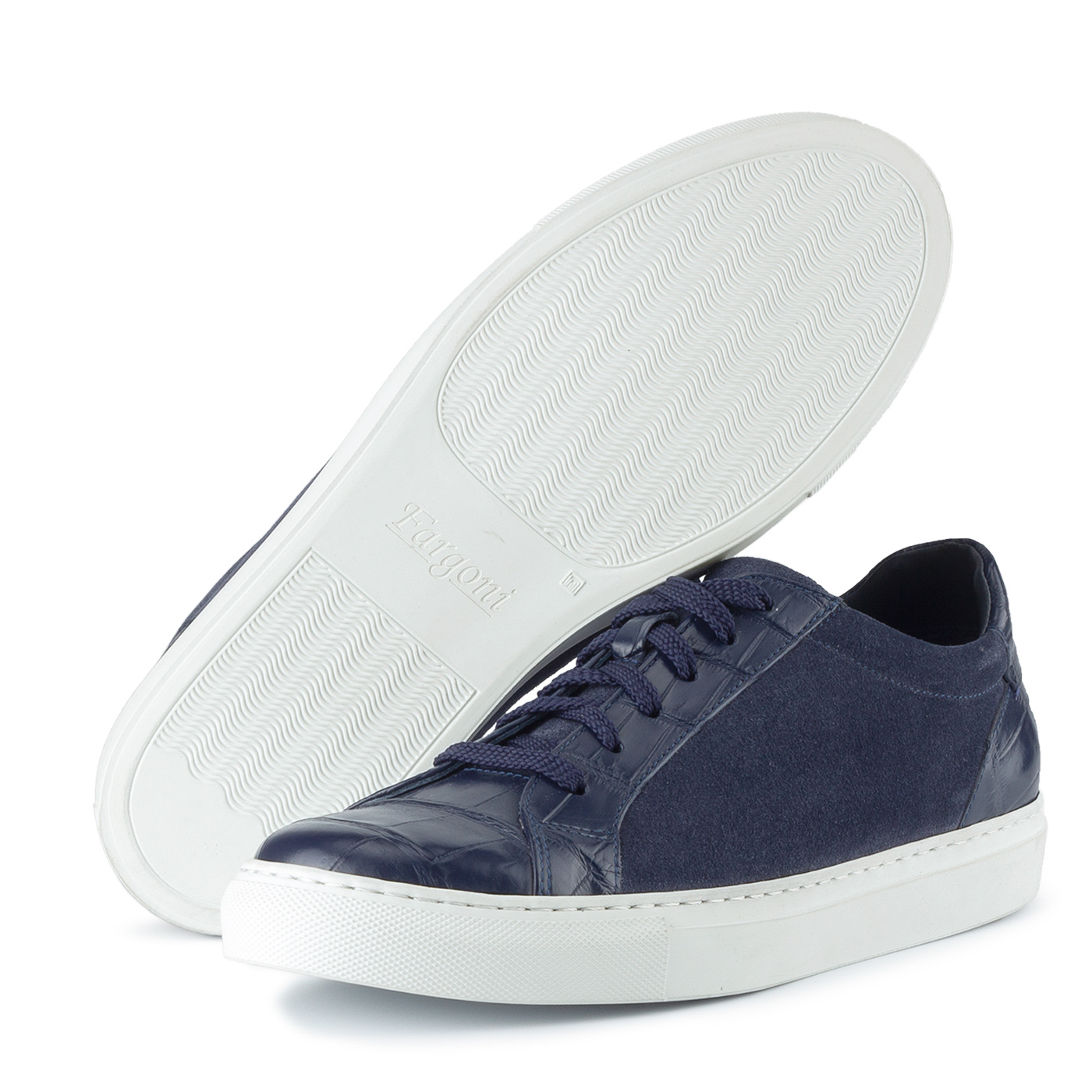 Blue suede sneakers with crocodile leather trim