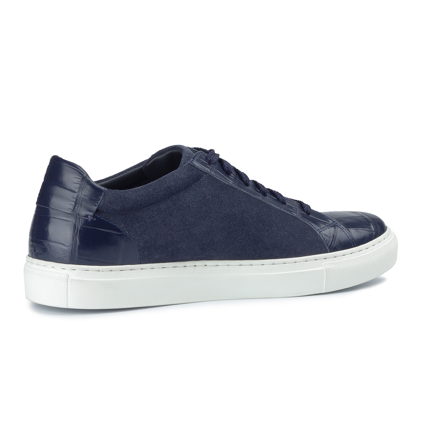 Blue suede sneakers with crocodile leather trim