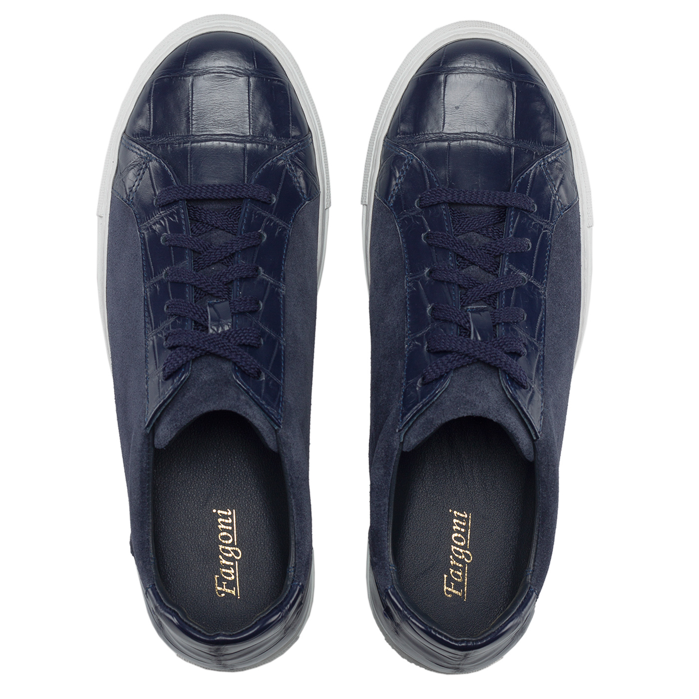 Blue suede sneakers with crocodile leather trim