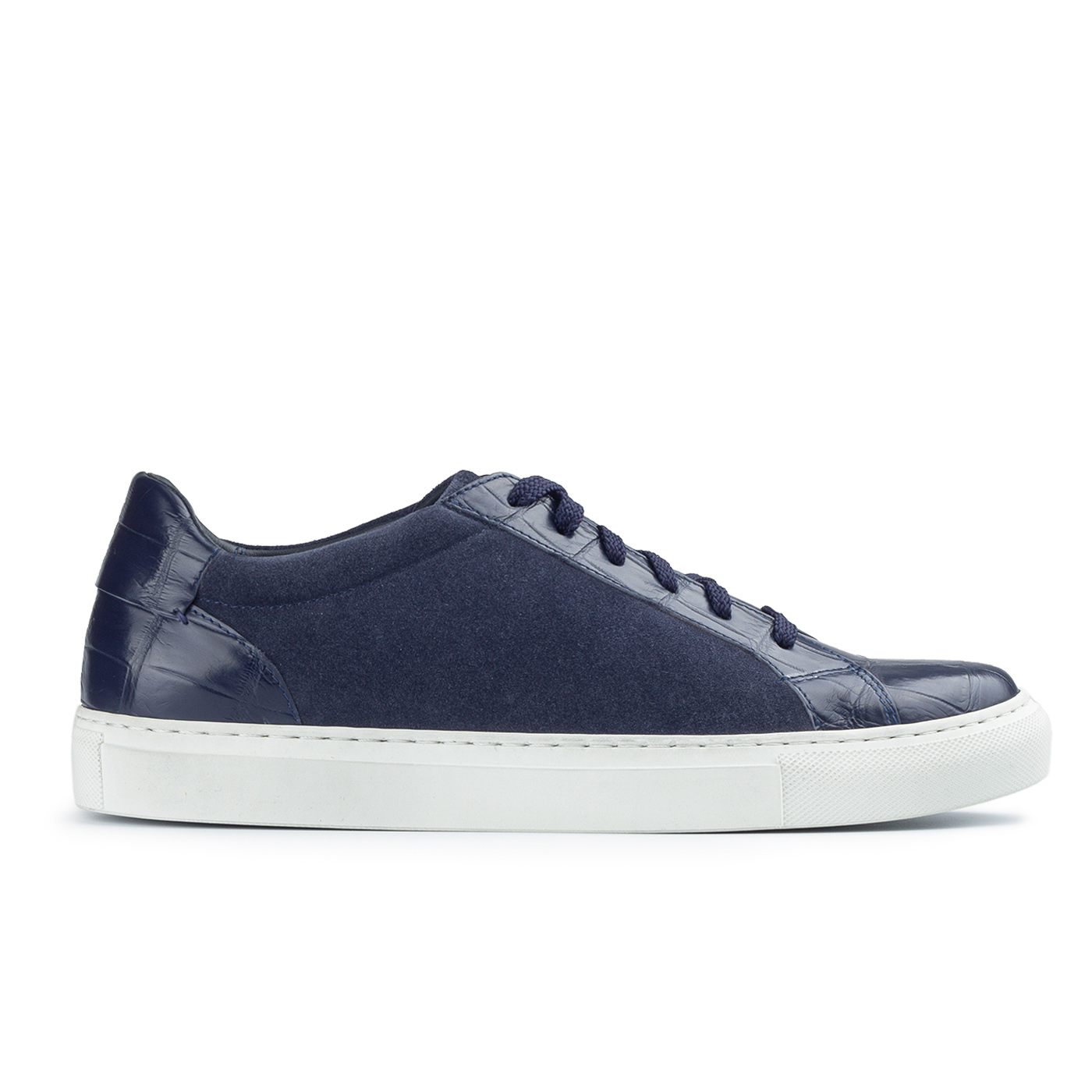 Blue suede sneakers with crocodile leather trim