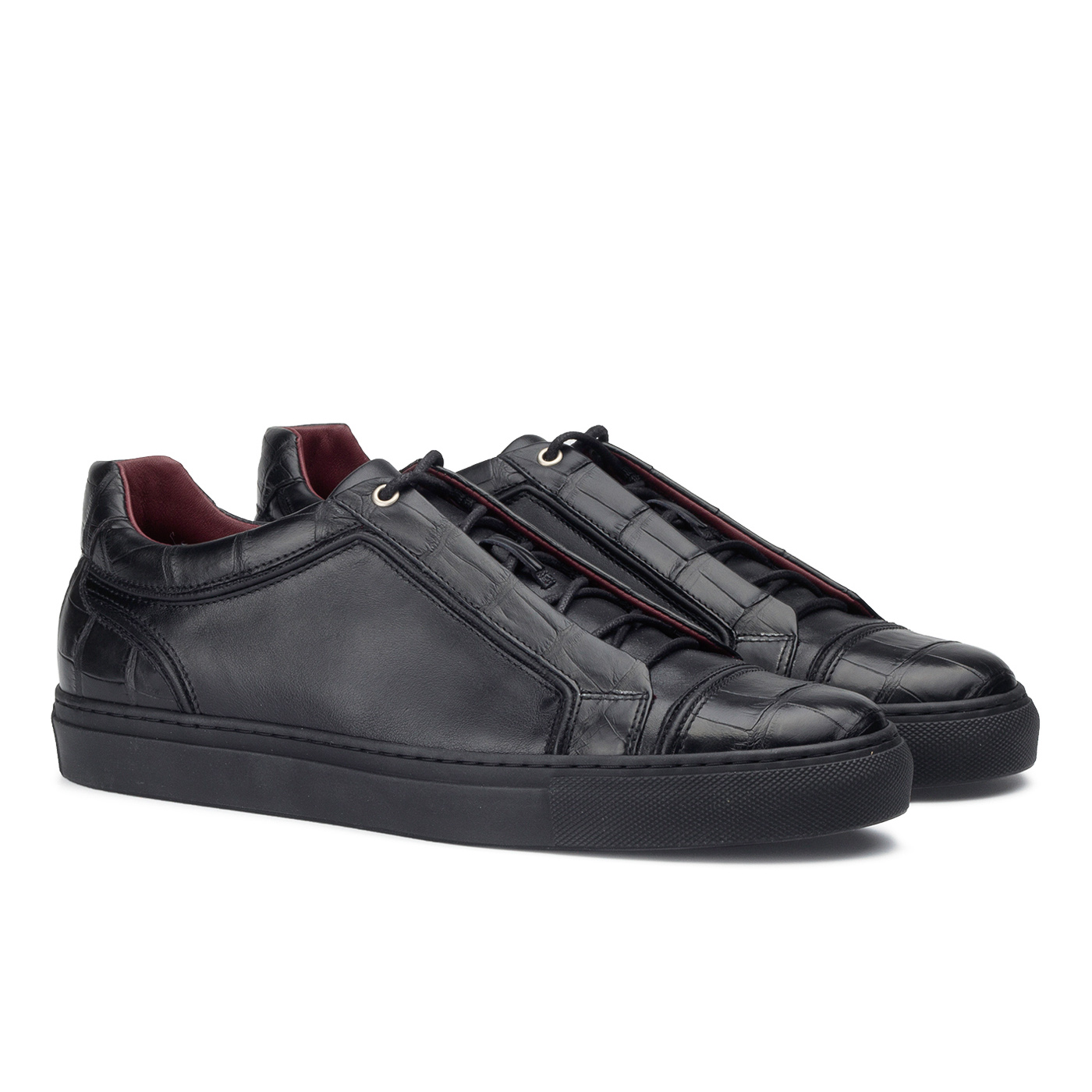 Black sneakers with crocodile leather trim