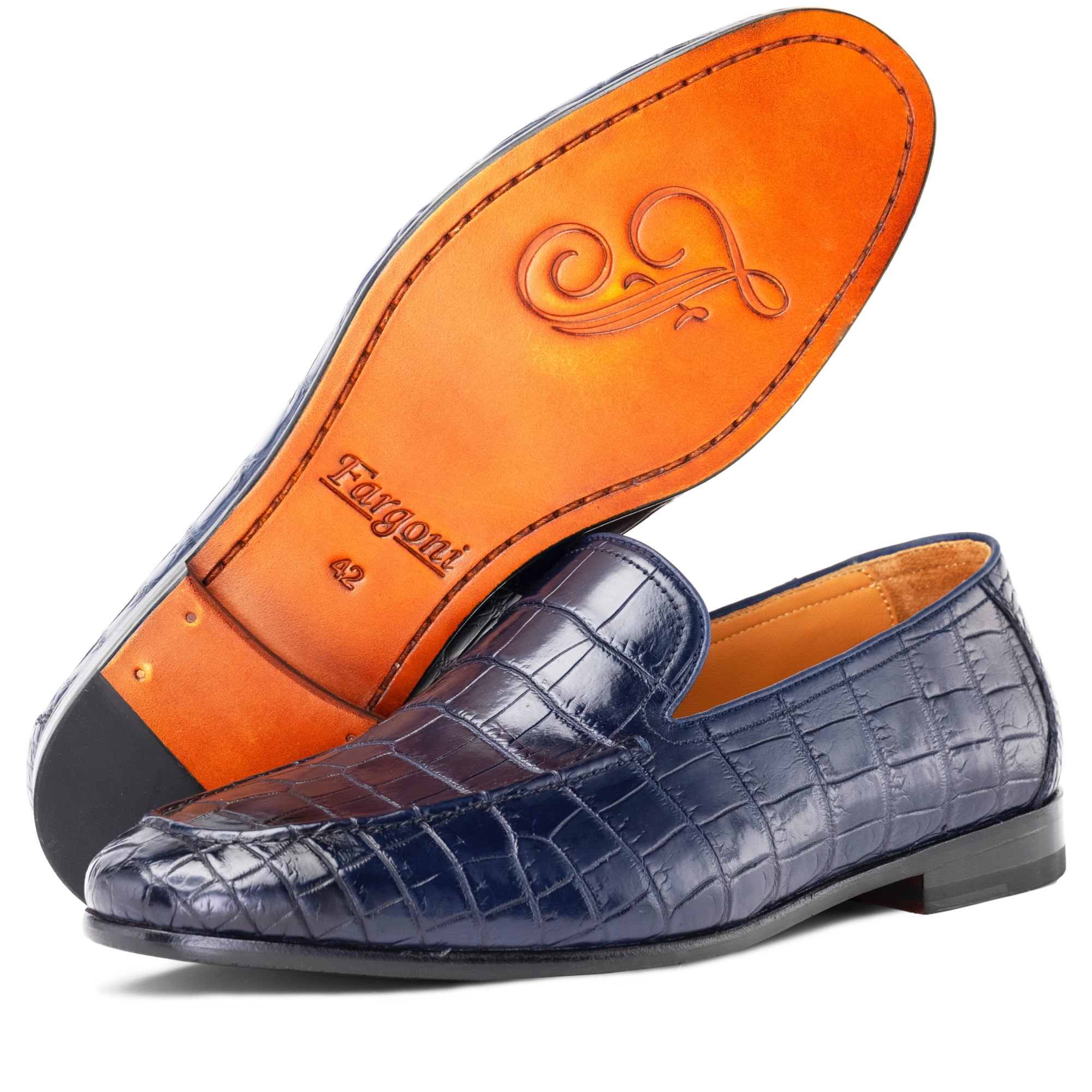 Blue crocodile loafers