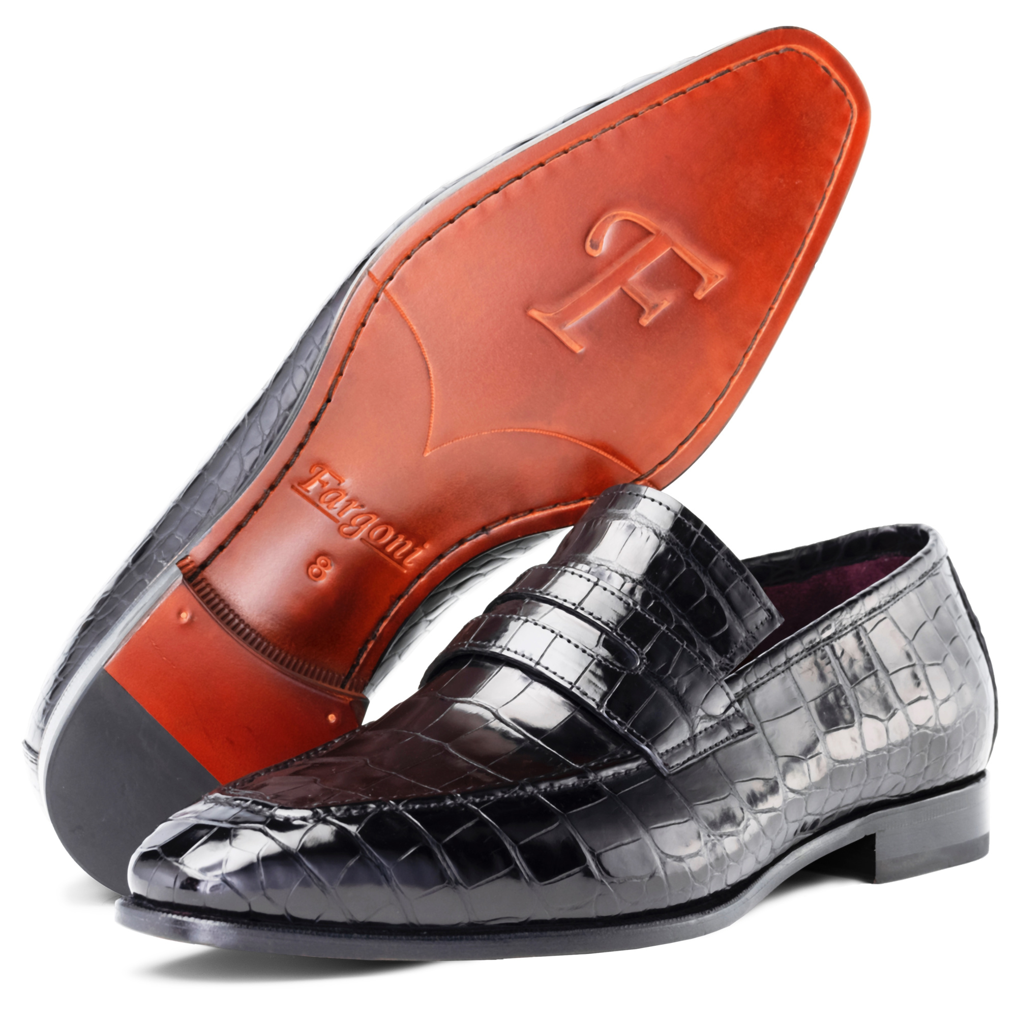 Black crocodile leather loafers